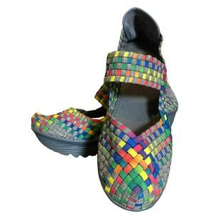 St Johns Bay "Karma" Rainbow Basket Weave Mary Jane Wedge Sandal Slip on 7.5
